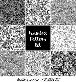 Set of vector seamless black and white abstract hand-drawn pattern with waves and clouds. Design for fabrics, textiles, paper, wallpaper, web. Coloring book pages for kids and adults.