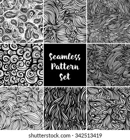 Set of vector seamless black and white abstract hand-drawn pattern with waves and clouds. Design for fabrics, textiles, paper, wallpaper, web. Coloring book pages for kids and adults.