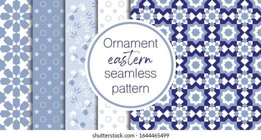 Set of vector seamless border in Eastern style. Ornate element for design on moroccan style. Ramadan kareem pattern. Luxury illustration for invitations, greeting card, wallpaper, web, background.