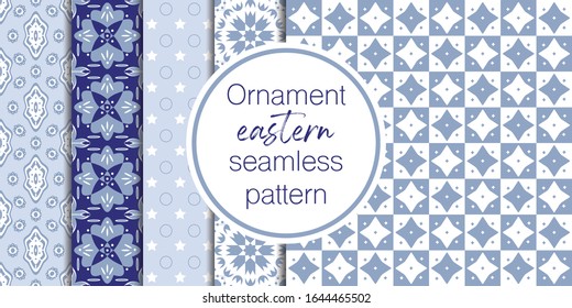 Set of vector seamless border in Eastern style. Ornate element for design on moroccan style. Ramadan kareem pattern. Luxury illustration for invitations, greeting card, wallpaper, web, background.