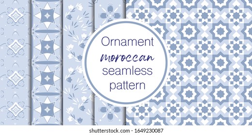 Set of vector seamless border in Eastern style. Ornate element for design on moroccan style. Ramadan kareem pattern. Luxury illustration for invitations, greeting card, wallpaper, web, background.