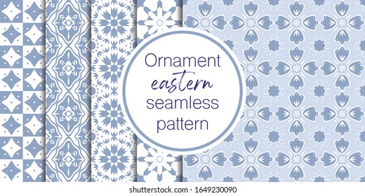 Set of vector seamless border in Eastern style. Ornate element for design on moroccan style. Ramadan kareem pattern. Luxury illustration for invitations, greeting card, wallpaper, web, background.