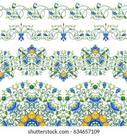 Set of vector seamless borders. Fantasy flowers. 