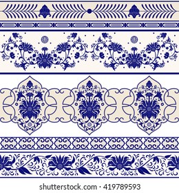 Conjunto de bordes vectoriales sin fisuras con adorno floral al estilo chino. Imitación de la pintura de porcelana china. 