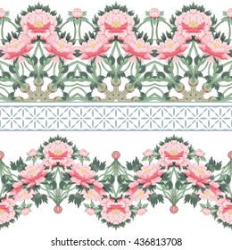 Set of vector seamless borders with floral ornament in chinese style. Peony pattern and geometry ornament. Illustration imitates traditional Chinese ink painting.