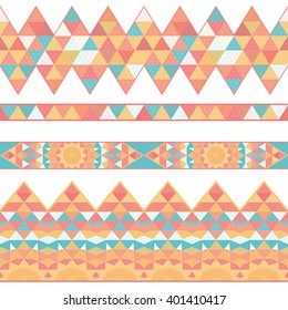 Set of vector seamless borders. Grid and triangles.