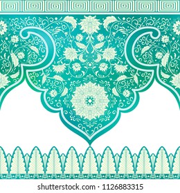 Set of vector seamless borders. Imitation of chinese porcelain painting. Green watercolor background. Hand drawing