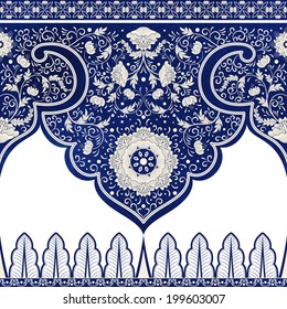 Set of vector seamless borders. Imitation of chinese porcelain painting. Blue watercolor background. Hand drawing.