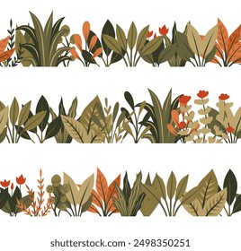 Conjunto de bordes sin fisuras de Vector con plantas tropicales. Colección de marcos Horizontales hechos de hojas. Empalizada verde. Frisos naturales con arbustos de vegetación aislados del fondo.