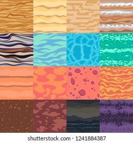 Set of vector seamless cartoon textures. Abstract stone, sand, rock and desert natural patterns