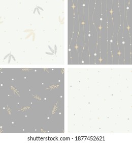 Set of vector seamless christmas delicate patterns on gray, gold and white colors. Good for wrapping paper texture, posters, winter greeting cards, fashion design print texture.