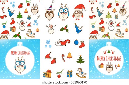 Set of vector seamless Christmas Pattern, Christmas card and Christmas vector design elements. Doodle Christmas symbols, icons.