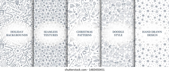 Set of vector seamless christmas patterns - hand drawn design. Stylish drawing textures. Holiday endless backgrounds, doodle style