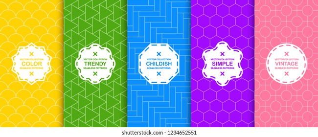 Set of vector seamless colorful geometric patterns. Bright creative backgrounds, geometry texture