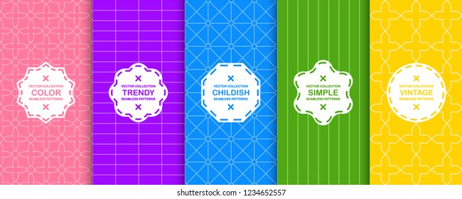 Conjunto de patrones geométricos coloridos sin costuras de Vector. Fondos creativos brillantes, texturas de moda vibrantes