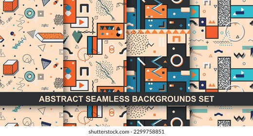 Set of vector seamless colorful geometric patterns with creative shapes. Abstract vibrant fun backgrounds. Trendy design, fashion retro style 80 - 90s. 