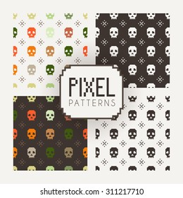 Set of vector seamless colorful and monochrome patterns of pixel skulls.