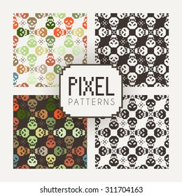 Set of vector seamless colorful and monochrome patterns of pixel skulls.
