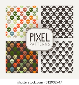 Set of vector seamless colorful and monochrome patterns of pixel skulls.