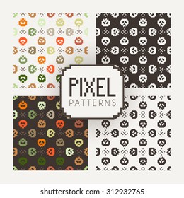 Set of vector seamless colorful and monochrome patterns of pixel skulls.