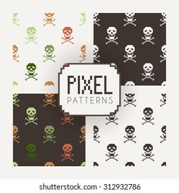 Set of vector seamless colorful and monochrome patterns of pixel skulls.