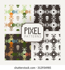Set of vector seamless colorful and monochrome patterns of pixel skulls.