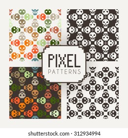Set of vector seamless colorful and monochrome patterns of pixel skulls.