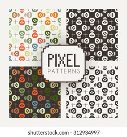 Set of vector seamless colorful and monochrome patterns of pixel skulls.