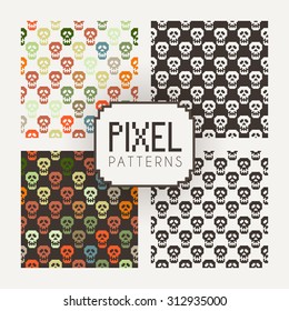 Set of vector seamless colorful and monochrome patterns of pixel skulls.