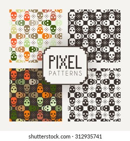 Set of vector seamless colorful and monochrome patterns of pixel skulls.