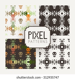 Set of vector seamless colorful and monochrome patterns of pixel skulls.