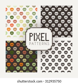 Set of vector seamless colorful and monochrome patterns of pixel skulls.