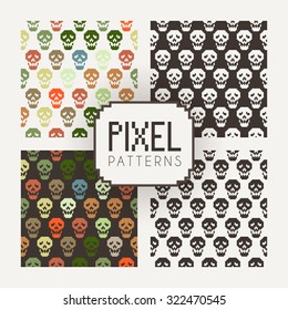 Set of vector seamless colorful and monochrome patterns of pixel skulls.