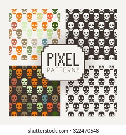 Set of vector seamless colorful and monochrome patterns of pixel skulls.