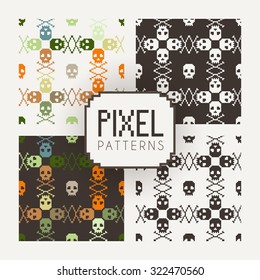 Set of vector seamless colorful and monochrome patterns of pixel skulls.