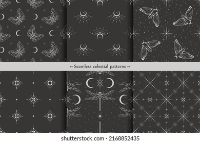 Conjunto de patrones oscuros sin fisuras vectoriales con insectos, centavos y diferentes estrellas sobre un negro. Antecedentes místicos estotéricos con polillas, libélulas y mariposas y elementos celestes