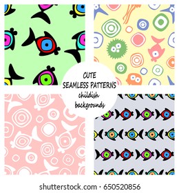 Set of vector seamless decorative pattern with hand drawn fish, starfish, octopus. Cute childlike backgrounds. Template for wrapping, fabric, cover. Series of hand drawn decorative seamless patterns.