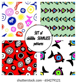 Set of vector seamless decorative pattern with hand drawn fish, starfish, octopus. Cute childlike backgrounds. Template for wrapping, fabric, cover. Series of hand drawn decorative seamless patterns.