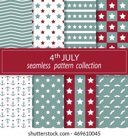 Set. Vector. Seamless fabric. Independence Day. The occasion. Blue red white color. Patterns with stars.Line. Zigzag. Anchor.