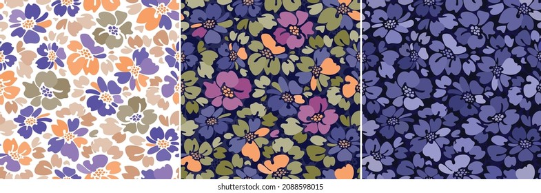 Set of vector seamless floral patterns. Multicolored and monochrome flowers on a white and dark background. Collection of natural prints. Simple flower in the color of the year very peri. 