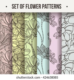 Set of Vector Seamless Floral Zentangle Pattern. Ornate endless ornament.