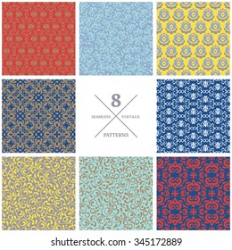 Set of vector seamless flourish patterns. Vintage decorative backgrounds. Floral design for fashion textile print, web backgrounds, greeting cards, wrapping paper, holiday package, wallpaper.