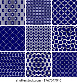 Set of vector seamless geometric blue and golden patterns for your designs and backgrounds. Geometric abstract ornament. Modern ornaments with repeating elements