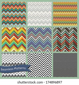 Set of Vector Seamless geometric hipster backgrounds. Retro Vintage Zigzag patterns. Illustrator pattern swatches are available.