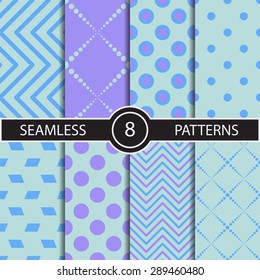 Set of vector seamless geometric pattern backgrounds and textures for decoration, wallpaper, web, surface texture and print. Dots, circles, waves, herringbone, lines, rhombus, squares in trendy colors