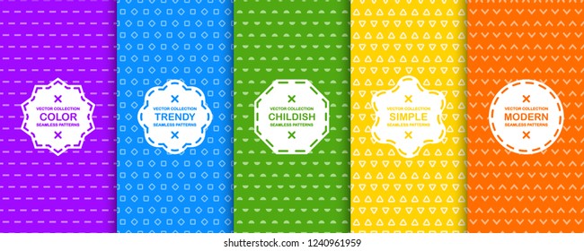 Set of vector seamless geometric patterns - colorful minimalistic design. Bright decorative backgrounds