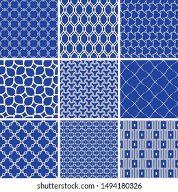 Set of vector seamless geometric patterns for your designs and backgrounds. Geometric abstract ornament. Modern blue and white ornaments with repeating elements