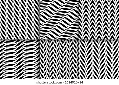Set of vector seamless geometric patterns. Weave striped black and white textures. Abstract monochrome backgrounds.