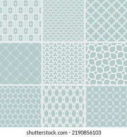 Set of vector seamless geometric patterns for your designs and backgrounds. Geometric light blue and white abstract ornament. Modern ornaments with repeating elements