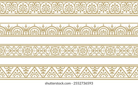 Set of Vector seamless gold border, Pompeii frame. Endless Neopolitan ornament. Art of Ancient Rome.
